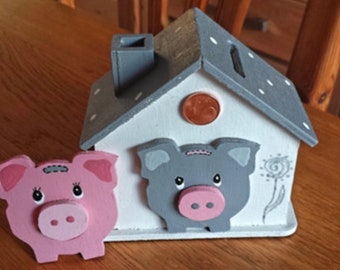 Maison de caisse d’argent avec cochon, tirelire, boîte à argent pour enfants en bois avec nom