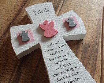 Taufkreuz mit Engel, Kinderkreuz aus Holz für Junge und Mädchen in Wunschfarben, Kreuz personalisiert, Holzkreuz Taufe Kommunion, NurVonMir