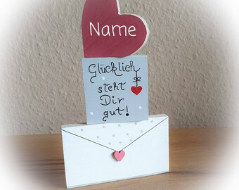 Spruch Schild, Glücklich steht dir gut, für die Liebe, Frühlingsdeko 3er Set, Holzdeko, Valentinstaggeschenk für sie und ihn, Liebesbrief