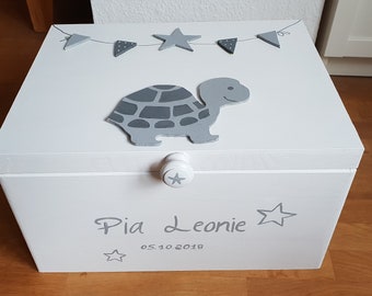 Boîte à souvenirs en bois, boîte à souvenirs, tortue avec banderole, boîte pour enfants avec nom - baptême/naissance