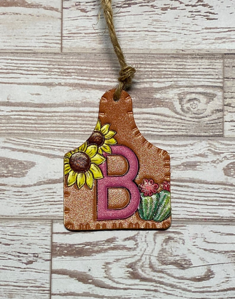Cow Tag Faux Leather Sunflower Cactus Letter B Air Etsy