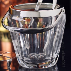Vtg. CrystaI Ice Bucket w/ Ice Tongs & Sieve, Silver Plated