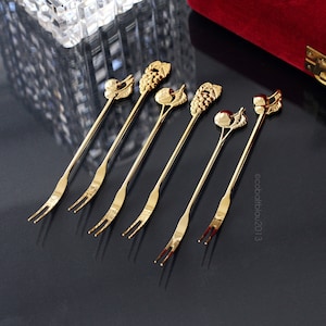 Cocktail Forks, Gold Plated, Cocktail Picks, Set of 6 / Bar Cart Accessories
