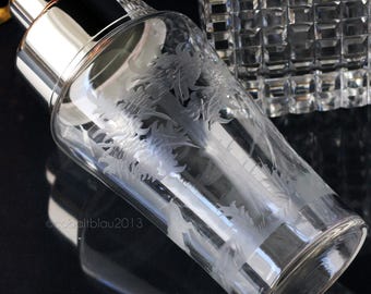 Vintage Engraved Glass Cocktail Shaker: Silver Plated, 1960s Barware