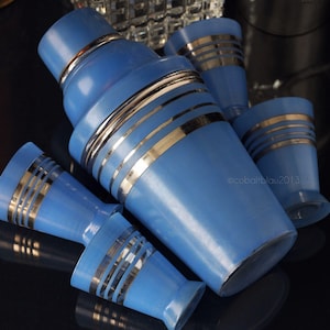1920s Glass Cocktail Shaker Set, Blue, Sterling Design, art deco Period