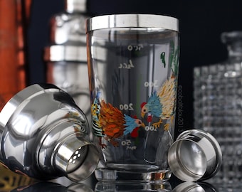 Vintage Hand Painted Rooster Glass Cocktail Shaker Set for Vintage