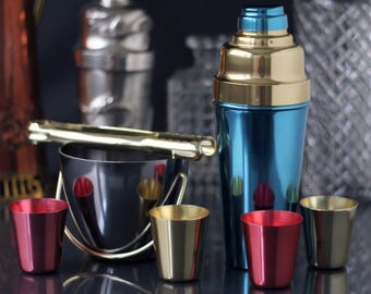 Cocktail Set, Anodized Aluminum: Blue Shaker, Ice Bucket, Cups & Ice Tongs