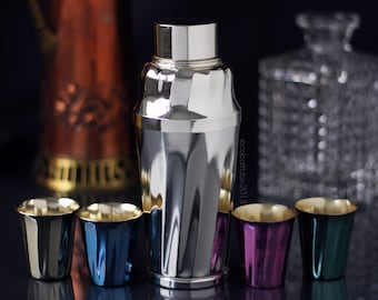 Juego de coctelera vintage de aluminio anodizado con 4 vasos, artículos de bar de la década de 1960.