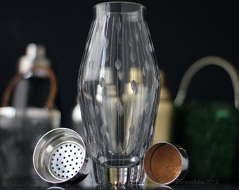 Vtg. 1950s Sterling Silver Cocktail Shaker, Cut Crystal Glass