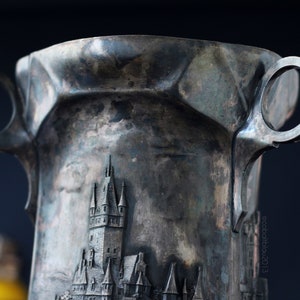 Antique WMF Art Nouveau Flower Pot w/ Reliefs of German Castles, Silver Plated