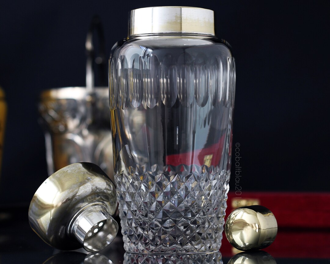 Large Vtg. Cocktail Shaker, Crystal Glass, Silver Plated / Barware