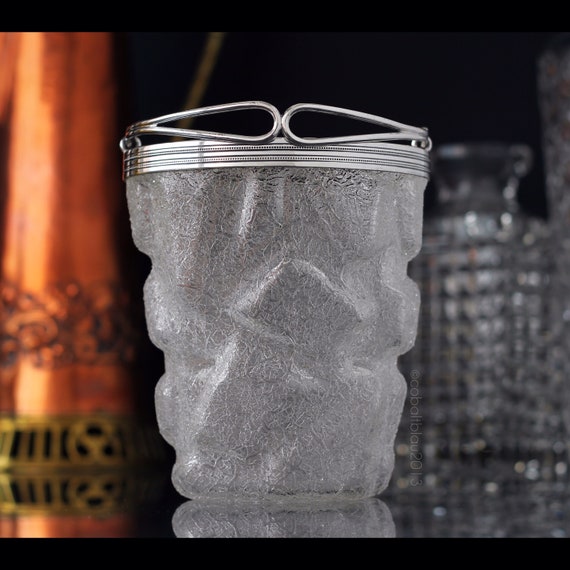 Seau À Glaçon En Verre Givré Art Déco En Métal Argenté Avec Poinçon de