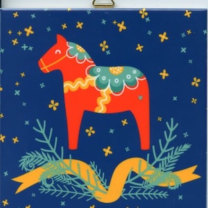 Swedish Ceramic Tile ~ Trivet ~ Hot pad Dala Horse on Blue