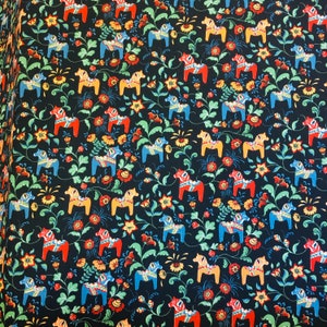 Scandinavian Swedish Fabric with MINI 2&quot; Dala Horses with Kurbits Flowers on Black