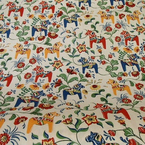 Scandinavian Swedish Fabric with MINI 2" Dala Horses with Kurbits Flowers on Ecru