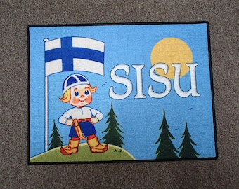 Scandinavian Finnish Rug ~  Sisu Boy with Puukko Knife & Finland Flag Door Mat