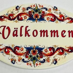 Swedish Välkommen Ceramic Sign Plaque 8 7/8&quot; x 6&quot; with Rosemaling by Lise Lorentzen