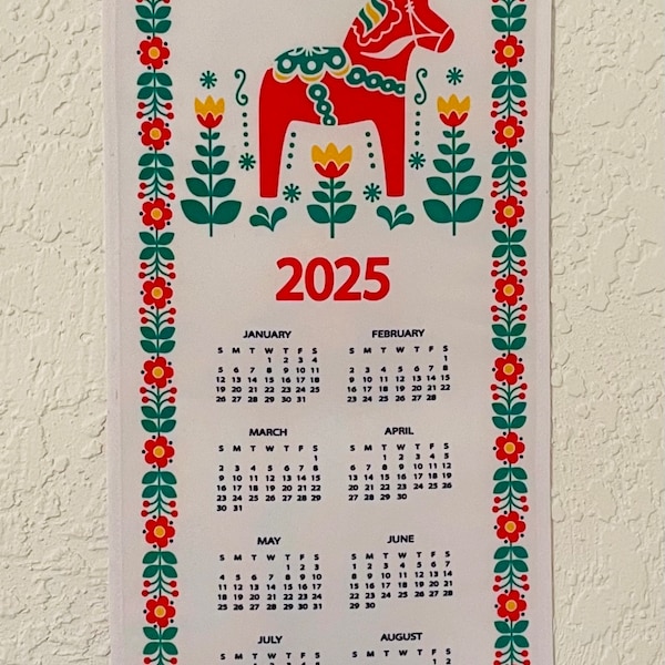 2025 Scandinavian Swedish Dala Horse Polyester Wall Hanging Calendar 25x9 inches