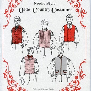 May include: A vintage sewing pattern titled "Olde Country Costumes" with illustrations of vests. The pattern features the text "Nordic Style" and "MEN'S VEST 38-48". The cover has a red decorative border.
