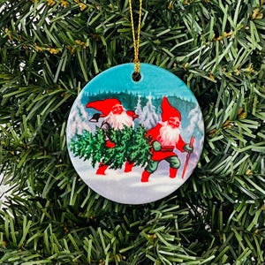 Ceramic Ornament  2 3/4&quot; - Scandinavian Gnomes  Tomtar Nisse Elves with tree