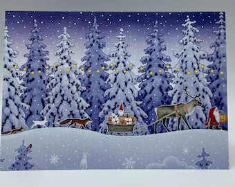 May include: A rectangular greeting card featuring a snowy forest scene at night with purple and blue tones. A reindeer pulls a sleigh filled with gifts, accompanied by a gnome, a fox, a rabbit, and a figure carrying a lantern.