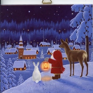 May include: A winter scene painting depicts a snowy village at night. A figure in a red coat and hat holds a lantern, accompanied by a white rabbit and a deer. The background features a church and snow-covered trees.