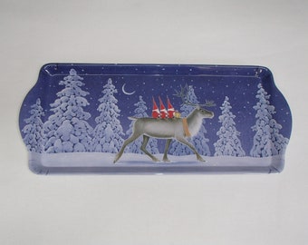 Melamine Serving Tray for Scandinavian Nordic Swedish Almond Cake Three Tomtar Gnomes on Reindeer