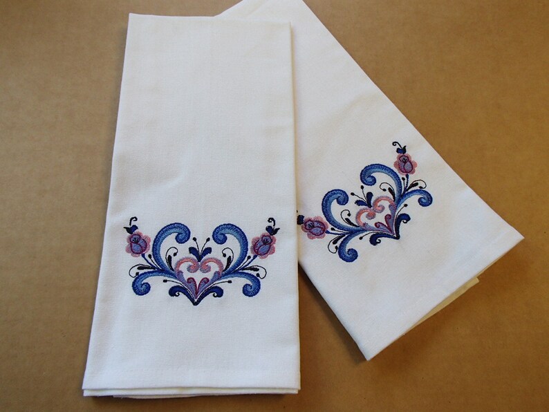 TWO Embroidered White Cotton Dish Towels Rosemaling Hearts Etsy