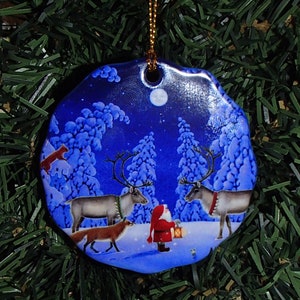 Ceramic 2 3/4&quot; Ornament - Swedish Gnome Tomte Fox & Reindeer Artwork