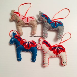 Scandinavian Nordic Swedish Dala Horse Felt Ornaments Box of 4 - Horse Size is 3 3/4&quot; x 4&quot;