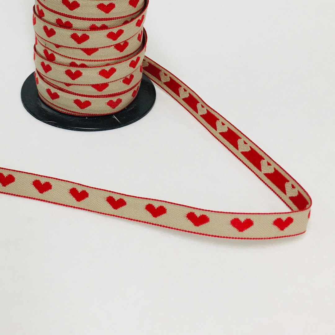 Swedish Woven Fabric Ribbon Trim - 5 Yard Piece - Tan With Red Hearts ...