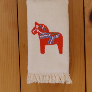 Scandinavian Swedish Embroidered Red Dala Horse Towel