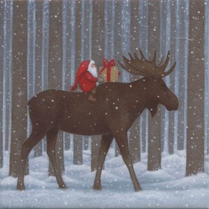May include: A whimsical painting depicts Santa Claus riding a brown moose through a snowy forest. Santa, in his red suit, carries a wrapped gift with a red bow. The background features tall, slender trees and falling snowflakes.