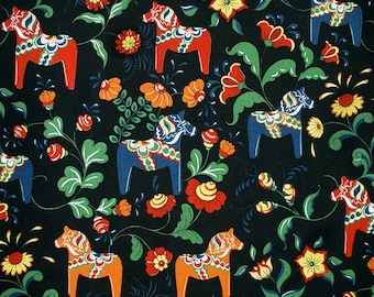 Scandinavian Swedish Dala Horses & Flowers on Black Fabric with Horses that are 5-6 inch