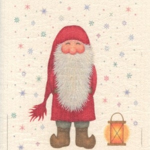 Nordic Gnome in the Snow with Lantern on Swedish Dish Cloth