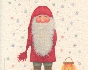 Nordic Gnome in the Snow with Lantern on Swedish Dish Cloth