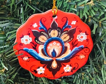 Norwegian Rosemaling Ceramic Ornament 2 3/4" Artwork by Lise Lorentzen