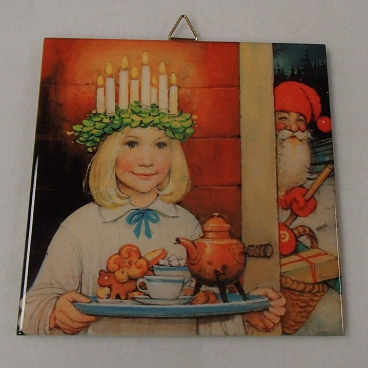 Swedish St Lucia Girl with Tomte Gnome 6 Ceramic Tile Trivet 