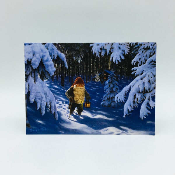 Swedish artist, Jan Bergerlind Tomte Gnome walking thrru forest Christmas Cards Box of 12 #JB572