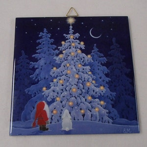 Scandinavian Swedish Gnome Tomte & rabbit at tree Tile ~ Trivet ~ Hot pad