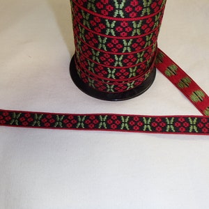 Swedish Cotton Fabric Ribbon Trim - 5 yard piece - Black with Red Berries & Green Leaves