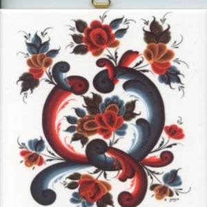 Norwegian Rosemaling Folk Art Ceramic Tile ~ Trivet ~ Hot pad