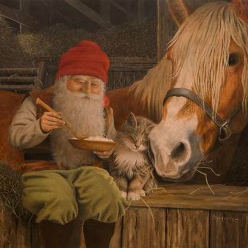 Swedish Artist, Jan Bergerlind Tomte Gnome Horse & Kitten