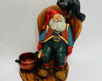 Vintage Votive Candleholder with Gnome Santa sleeping in chair by Norwegian artist, Johnnie Jacobsen