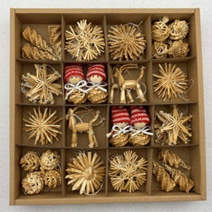 Scandinavian Nordic Straw Ornaments - Box of 56 pieces - Snowflakes Balls Gnomes Stars Goats