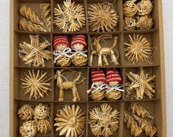 Scandinavian Nordic Straw Ornaments - Box of 56 pieces - Snowflakes Balls Gnomes Stars Goats