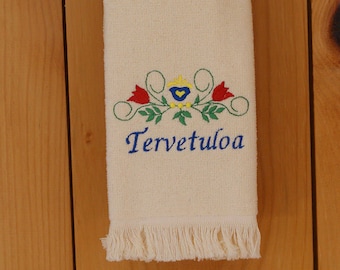 Finnish Embroidered Welcome Tervetuloa Floral Towel