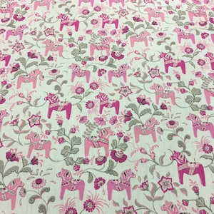 Scandinavian Swedish Fabric with MINI 2&quot; Pink Dala Horses with Kurbits Flowers on White