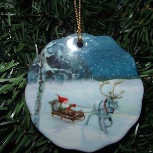 Ceramic Ornament  2 3/4&quot; - Swedish Tomte with Reindeer