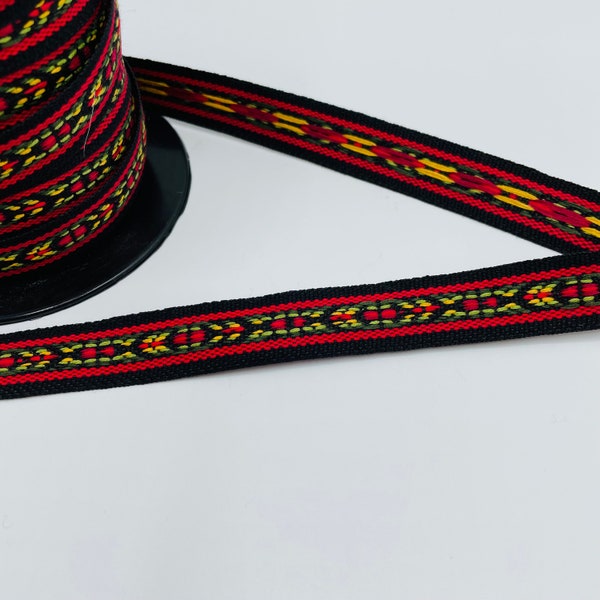 Swedish Woven Fabric Ribbon Trim - 5 yard piece - Red black gold & light green